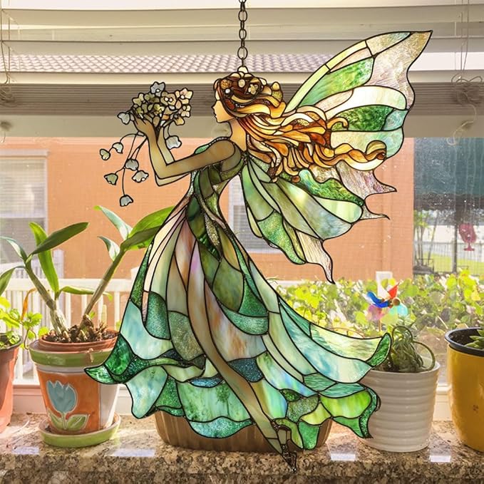 Elegant Forest Fairy Acrylic Suncatcher Stained Glass Effect Window Car Hanging Christmas Ornament Indoor Outdoor Decor Garden Sun Catcher Panel for Fairy Lover for Women Mom Grandma