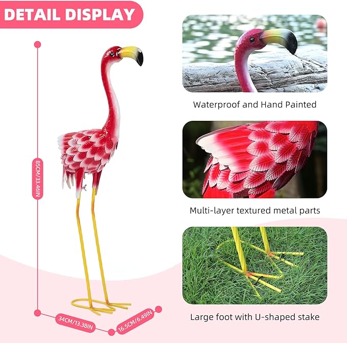Flamingo Garden Metal Statues - Pink Flamingo Sculptures, Metal Birds Yard Art Outdoor Statue, Outdoor Backyard Decor, Patio, Porch, Lawn Ornament Large Iron Yard Decoration - 33 Inch