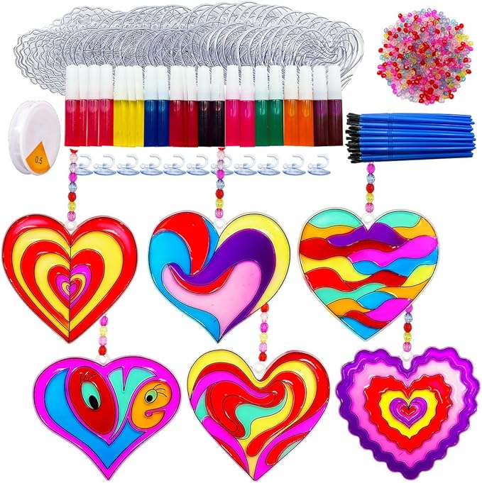 AUEKIV Valentines Suncatcher Crafts Kit 30 Sets Heart Suncatchers Window Art Paint Sun Catcher DIY Craft Kits Heart for Valentine's Day Classroom Activities Party Gift Exchange