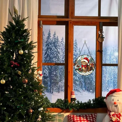 Stained Glass Window Hanging - 6.3 Inches Cat and Snowy Day Christmas Suncatcher for Garden Home Decor for Women Mon Grandma Friends