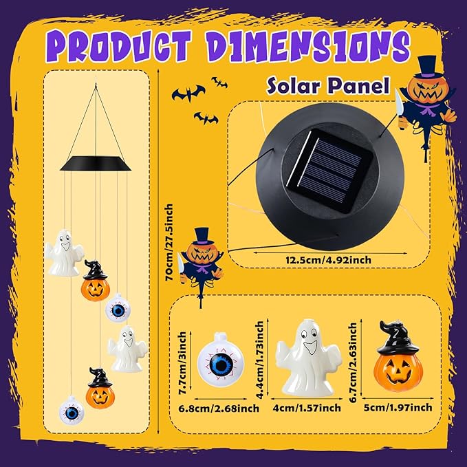 GlikCeil Halloween Solar Wind Chimes 27.5Inch Halloween Decorations Outside Waterproof Hanging LED for Yard, Porch, Patio, Party, Color Changing Eyeballs Ghost Lights(Mixed)