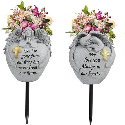 Cemetery Flowers for Grave Angel and Cross Cemetery Cemetery Memorial Vase, Cemetery Flower Grave,2-Piece Angel Cemetery vase with Iron Spikes,Garden Decoration Memorial Gift for Lost Love (1white)