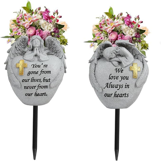 Cemetery Flowers for Grave Angel and Cross Cemetery Cemetery Memorial Vase, Cemetery Flower Grave,2-Piece Angel Cemetery vase with Iron Spikes,Garden Decoration Memorial Gift for Lost Love (1white)