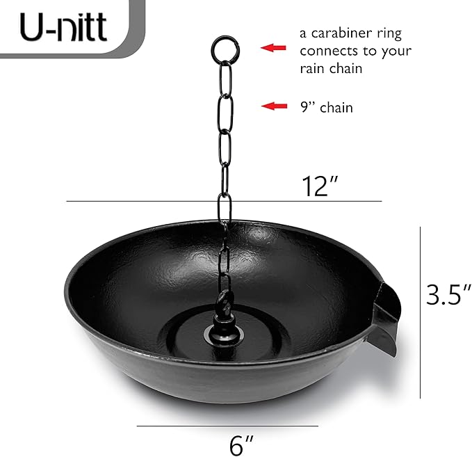 U-nitt 12" Spill Bowl Downspout Catch Basin for Rain Chain Anchoring & Stake | Rainwater Collection for Roof |Gutter Catch Basin | Good for Water Fountain & Birdbath | Black | Handles Heavy Rain