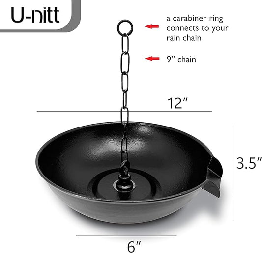 U-nitt 12" Spill Bowl Downspout Catch Basin for Rain Chain Anchoring & Stake | Rainwater Collection for Roof |Gutter Catch Basin | Good for Water Fountain & Birdbath | Black | Handles Heavy Rain
