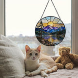Rustic Lake Mountain Sunset Stained Glass Window Hanging, Nature Forest Lake Scenic Landscape Suncatcher Indoor Window Glass Round Wall Art Decor, 7.9x7.9 Inch