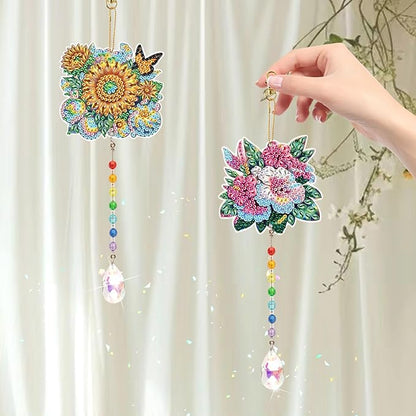 MVVMTOP 2pcs Diamond Art Painting Wind Chime with Crystal Pendant, DIY Flowers Double-Sided Design Special Shape Acrylic Crystal Diamond Ornament, Home Window Garden Hanging Pendant Decoration