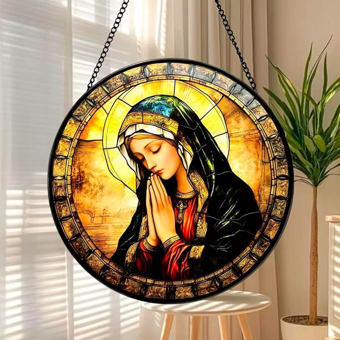 Funoasis Stained Glass Window Hanging 6.3 Inches Suncatcher - The Virgin Mary with Hands Clasped Together and A Headscarf On Her Head Ornaments Sun Catcher Home Decor Women Birthday