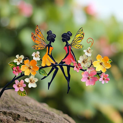 Colorful Metal Fairy Garden Stake - Fairies on Flowering Tree Branch Statue, Rustproof Outdoor Indoor Decor for Patio, Yard, Wall & Fence(Fairys2)