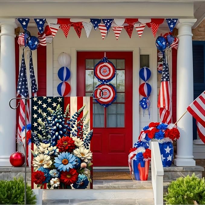 4th of July Patriotic Garden Flag 12x18 Double Sided, Small Burlap Summer Independence Day Floral Garden Flags Memorial Day Fourth of July Decorations Outdoor Yard Flags for Outside Lawn Porch Decor