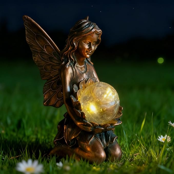 Suyorpe Garden Statues Outdoor Flower Fairy Decor,Solar Powered Outdoor Resin Statues-Patio Lawn Yard Porch, Funny Fairies Ornaments Figurines for Outside Garden Gifts,8.31 Inches Tall