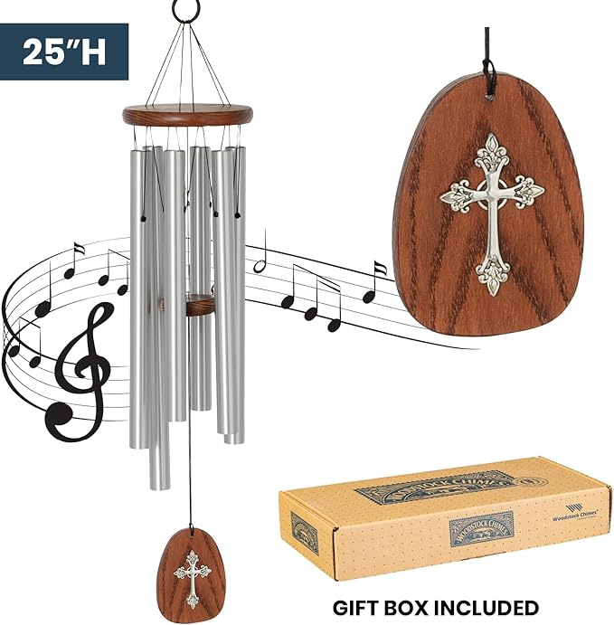 Woodstock Chimes Cross Wind Chime for Outside, Garden, Patio, Porch and Outdoor Decor (25'') Silver Amazing Grace Medium (AGMCR)