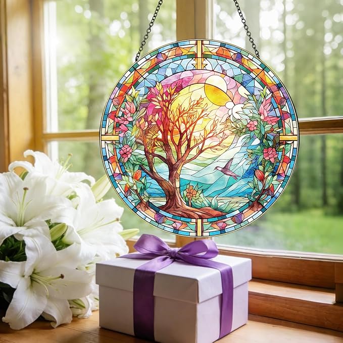 Spring Tree Stained Glass Suncatcher, Colorful Floral Window Hanging, Round Glass Sun Catcher Wall Decor Gift, Watercolor Blooming Wall Glass Ornament 8 Inch