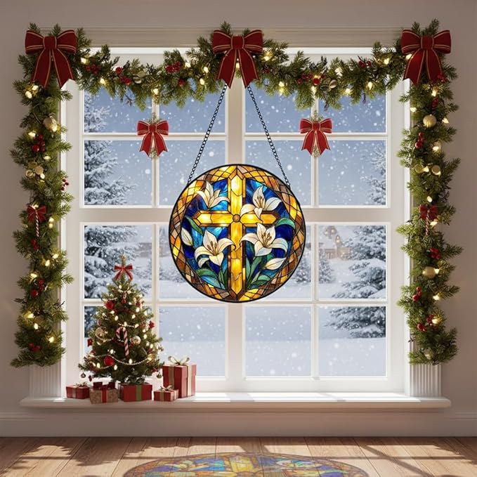 Cross Stained Glass Suncather for Window Hanging with Lily Flowes, 6.3'' Golden Christian Cross Ornament Gift for Women, Religious Wall Art Home Decor Gifts for Mom, Grandma (Golden, 6.3'')