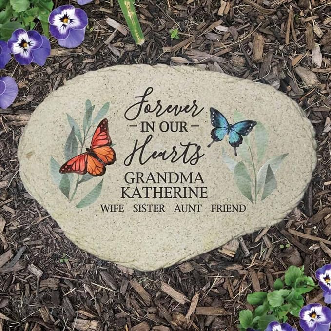 GiftsForYouNow Flowers and Butterflies Forever in Our Hearts Personalized Memorial Garden Stone, Flat UV Resin Stone, Measures 11.25" W x 7.75" H, UV Printed, Floral Memorial