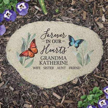 GiftsForYouNow Flowers and Butterflies Forever in Our Hearts Personalized Memorial Garden Stone, Flat UV Resin Stone, Measures 11.25" W x 7.75" H, UV Printed, Floral Memorial