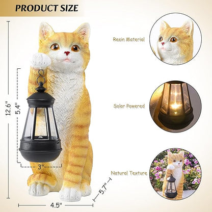 WONDER GARDEN Solar Cat Garden Statue - Outdoor Cat Statues, Cat Figurines with Solar Lantern Light for Patio, Yard, Lawn, Gardening Gifts for Women and Mom(11" Orange Cat)