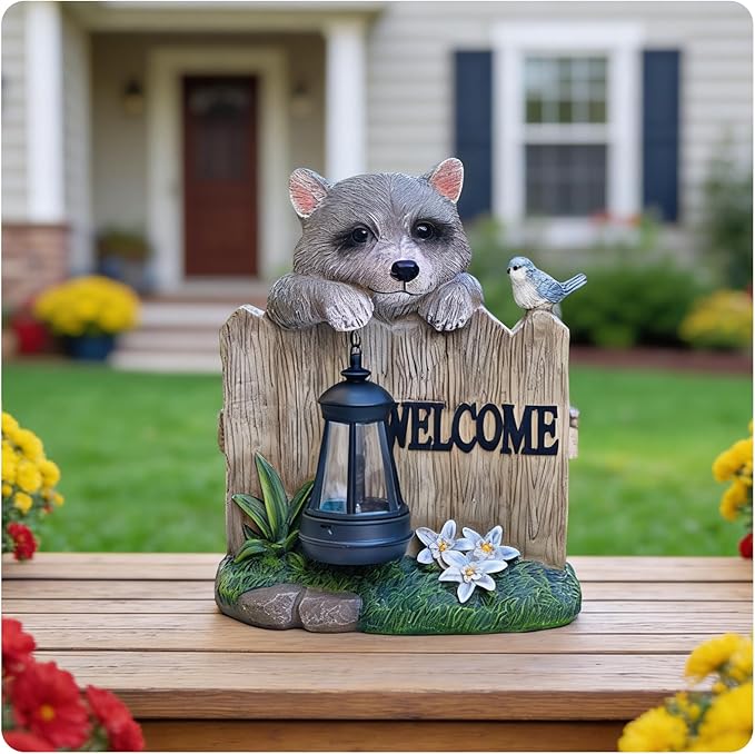 Solar LED Garden Statue with Raccoon and Welcome Sign, Outdoor Decorative Lantern with Bird and Flowers for Porch, Patio or Yard