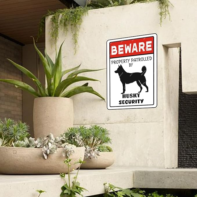 snowsun Vintage Metal Dog Signs Beware Property Patrolled By Husky Security Funny Tin Sign Wall Decor for Home Yard Garden Farm Street Outside 8×12 Inches