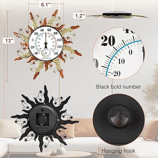 pealstar Outdoor Thermometer Waterproof Sun Decorative Outdoor Thermometers for Patio 13" Large Metal Wall Thermometer for Garden Yard Garage Decor