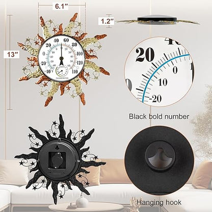 pealstar Outdoor Thermometer Waterproof Sun Decorative Outdoor Thermometers for Patio 13" Large Metal Wall Thermometer for Garden Yard Garage Decor