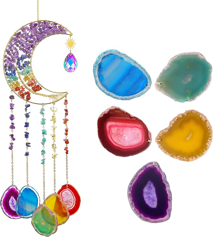 Yoption Moon Tree of Life Agate Slice Wind Chime, Handmade 7 Chakra Healing Crystal Stone Wind Chime for Home Wall Garden Decorative Ornament, Unique Gift