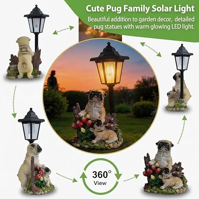 Pug Dog Solar Lights Outdoor Garden Decor Waterproof Resin Dog Statues Yard Art Gifts Patio Lawn Pathway