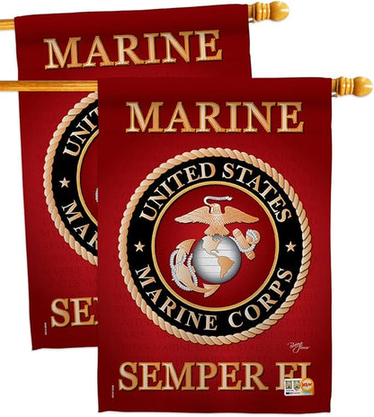 Marine Corps House Flag - 2 pcs Pack Armed Forces USMC Semper Fi United State American Military Veteran Retire Official - Decoration Banner Small Garden Yard Gift Double-Sided Made in USA 28 X 40