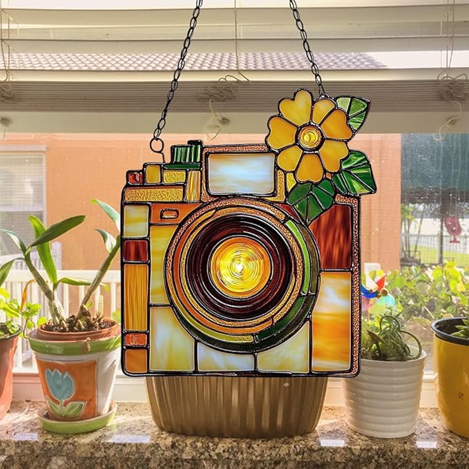 Vintage Retro Camera Acrylic Suncatcher Stained Glass Effect Window Car Hanging Christmas Ornament Indoor Outdoor Decor Garden Sun Catcher Panel for Acrylic Suncatcher Lover for Women Mom Grandma