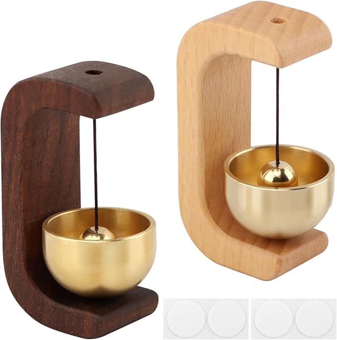 2Pcs Magnetic Shopkeepers Bell for Door Opening - Vintage Wooden Wind Chime Doorbell with Brass Bell, Wireless Adhesive Door Chime for Housewarming Gift Refrigerator Room Garden(Brown，Light)