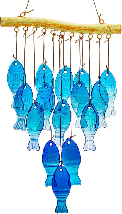 H&D HYALINE & DORA 23" Blue Glass Sea Wind Chimes - Handcrafted Fish Wind Chimes for Outside, Beach Party & Wedding Decor