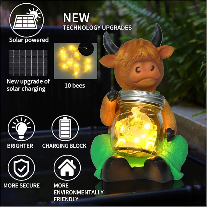 Solar Firefly Jar Highland Cow Waterproof - Garden Highland Cow Solar Outdoor LED Lights Resin Statues Lantern Figurines Decorations Birthday Housewarming Gifts for Mom Women