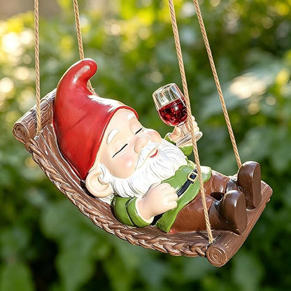 Hanging Garden Gnome Decor - Funny Gnome with Wine Glass on Hammock, Resin Outdoor Statue for Tree, Patio, Yard, Lawn, Balcony, Unique Garden Gifts for Mom, Women, Housewarming, Christmas Decorations
