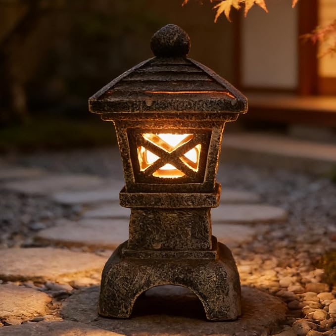 Solar Pagoda Garden Statue Outdoor Zen Japanese Stone Lantern Decor Asian Style Pagoda Lantern Light for Yard Decorations Patio Backyard Lawn Ornaments Home Landscape Art