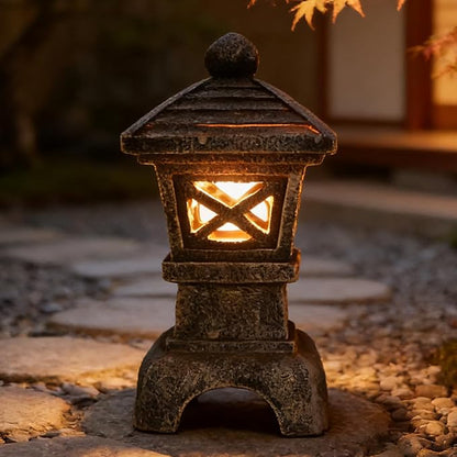 Solar Pagoda Garden Statue Outdoor Zen Japanese Stone Lantern Decor Asian Style Pagoda Lantern Light for Yard Decorations Patio Backyard Lawn Ornaments Home Landscape Art