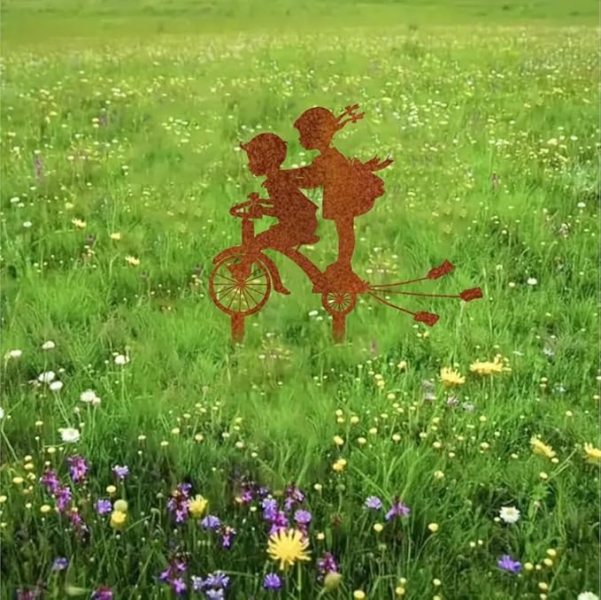 Rusty Metal Bicycle Art Silhouettes Garden Fence Decor Boy and Girl Robin Steel Country Garden Yard Art Gardening Decoration, MELI36