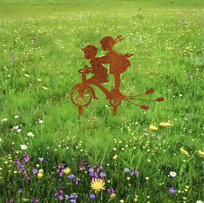 Rusty Metal Bicycle Art Silhouettes Garden Fence Decor Boy and Girl Robin Steel Country Garden Yard Art Gardening Decoration, MELI36