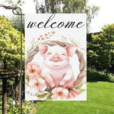 Gkyygk Welcome Garden Flag Pig Pink Flowers 12x18 Inch Banners Vertical Double Sided Small Yard Flag Burlap Farmhouse Outdoor Lawn Patio Decor