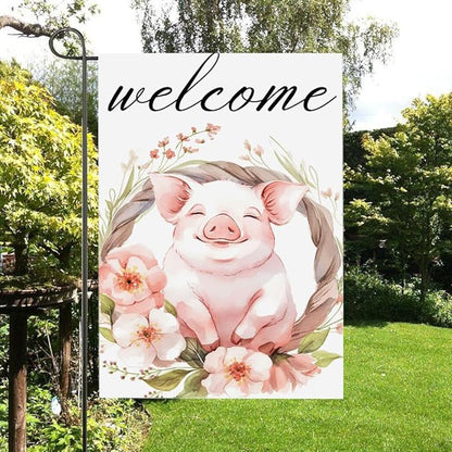 Gkyygk Welcome Garden Flag Pig Pink Flowers 12x18 Inch Banners Vertical Double Sided Small Yard Flag Burlap Farmhouse Outdoor Lawn Patio Decor