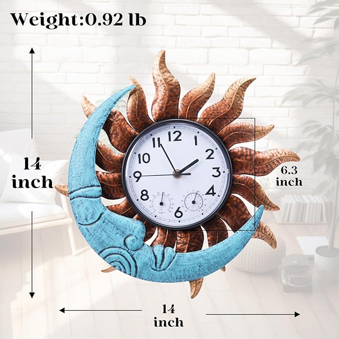 MUMTOP 14 Inch Sun and Moon Outdoor Clock, Outside Waterproof Wall Clock with Thermometer for Patio Pool Living Room Home Decor