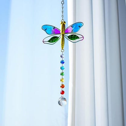 14'' Dragonfly Decor Stained Glass Suncatcher for Windows Hanging Crystal Sun Catcher Prism Rainbow Maker Pendant Ornament for Christmas Tree