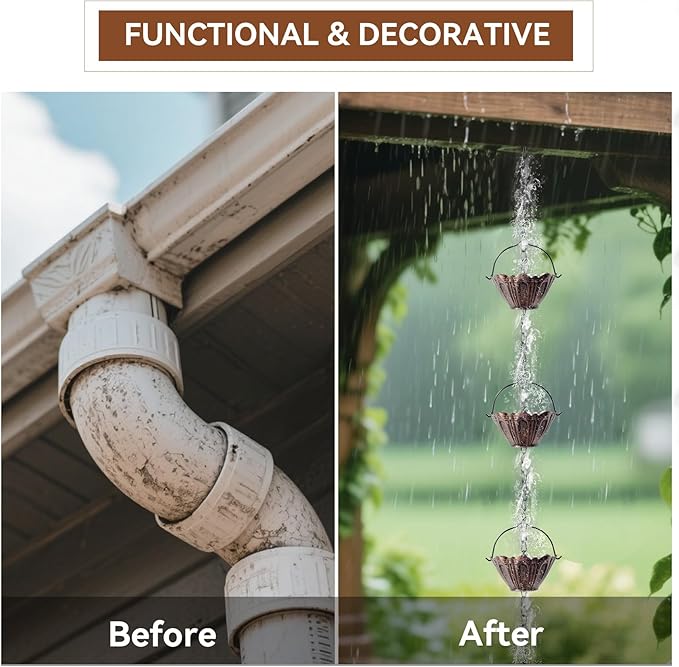 Copper Lotus Rain Chain 8.7 FT, Decorative Metal Rain Catcher with 12 Cups, Gutter Downspout Replacement