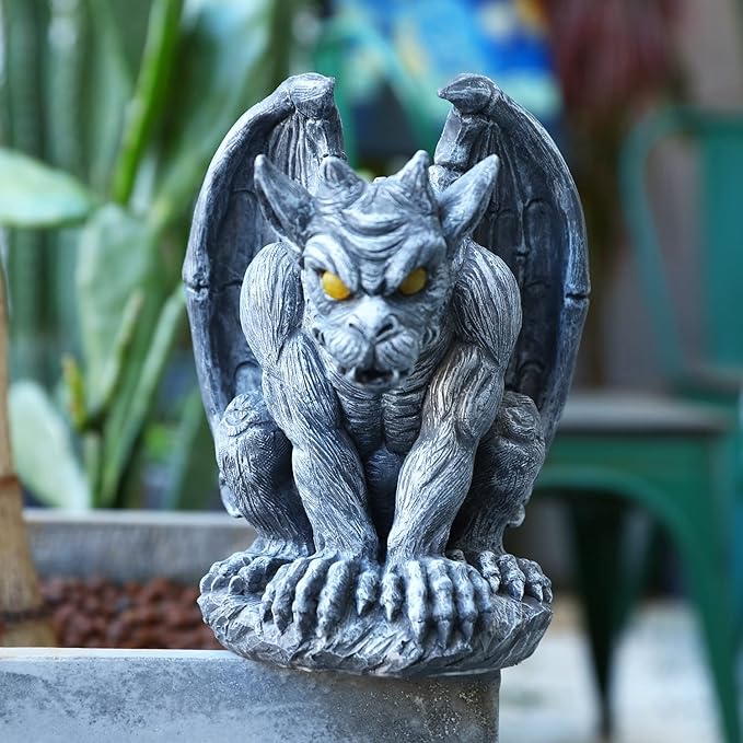 Large Winged Gargoyle Statue with Solar Lights Outdoor Decor, Sitting Gargoyle Monster Dragon Garden Guardian Gothic Creep Scary Sculpture, Patio Yard Lawn Decorations, Valentine's Day Gift