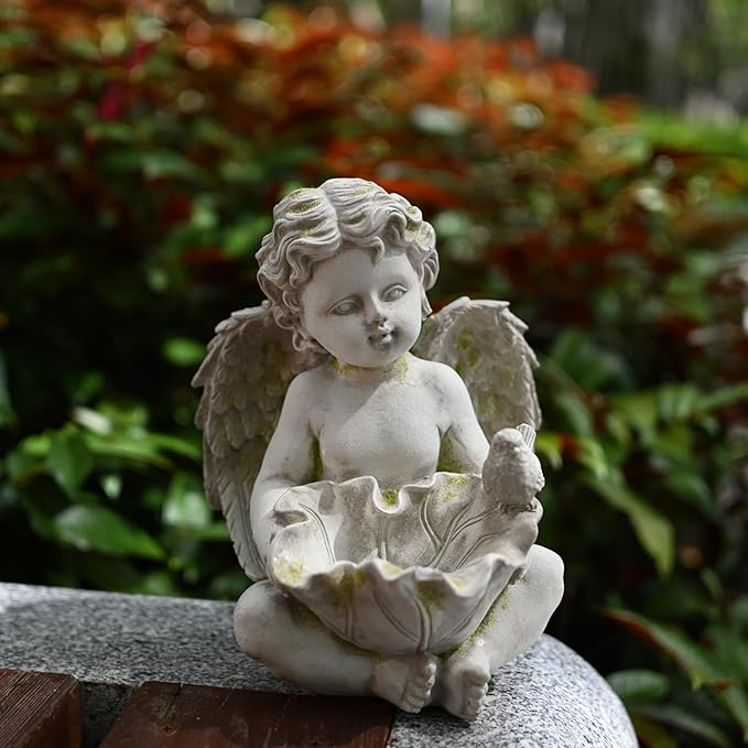 Guardian Angel Cherub Garden Statue with Bird Feeder Bird Bath Feeding Bowl, Religious Decor Sculpture, Natural Stone Grey with Moss, 8 inch Tall
