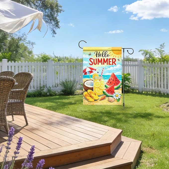 Nuxovilar Summer Garden Flag Hello Summer Lemon Watermelon Beach Pattern Polyester 12x18 Inches Garden Flags for Outside Seasonal Decor Yard Porch Lawn