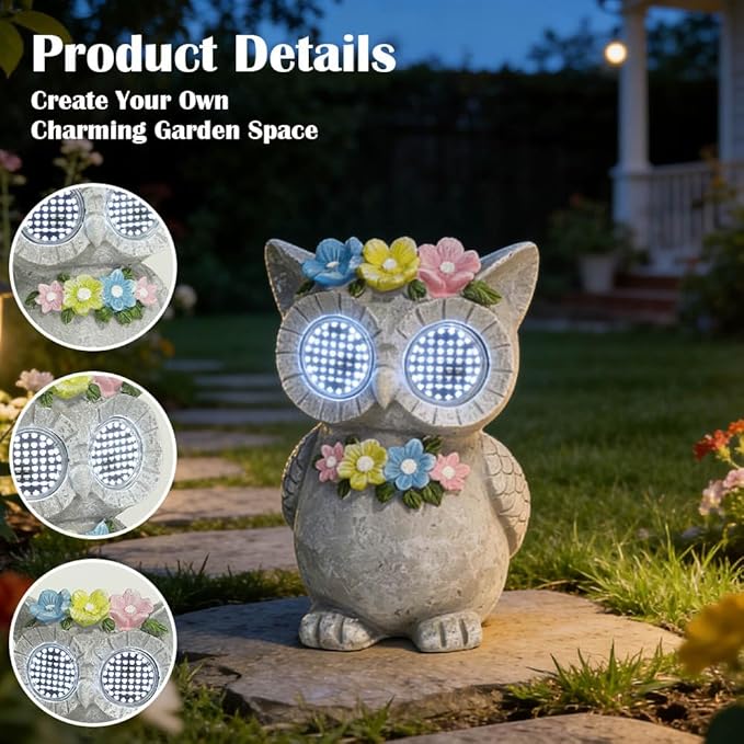 Outdoor Solar Garden Statue, Dynamic LED Light with Flower Sculpture, Art Decor for Patio Porch Lawn Backyard, Housewarming Gifts for Women (Stone Owl)
