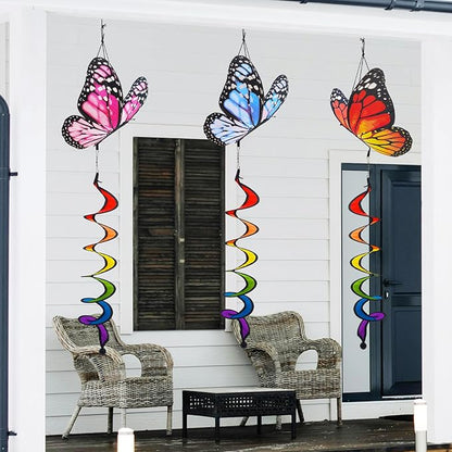 3pcs Butterfly Windmill, Garden Wheel Spinner, Hanging Windsock, Colorful Pin Wheel, Fabric Windmill Wheel, 40inch Whirligigs Windmill, Outdoor Courtyard, Lawn, Decoration Wind Spinner