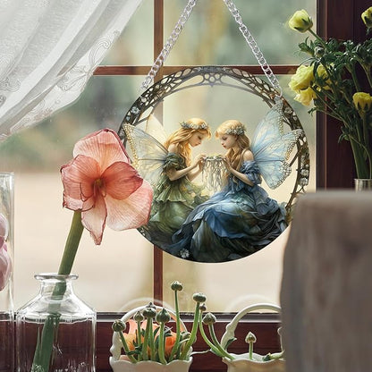 1PC Flower Fairy Acrylic Stained Glass Suncatcher Nature Round Flowers and Girls Suncatcher Hanging Decoration with Metal Chain-SunCatchers for Window Decor Outdoor Garden Decor Gift (A)