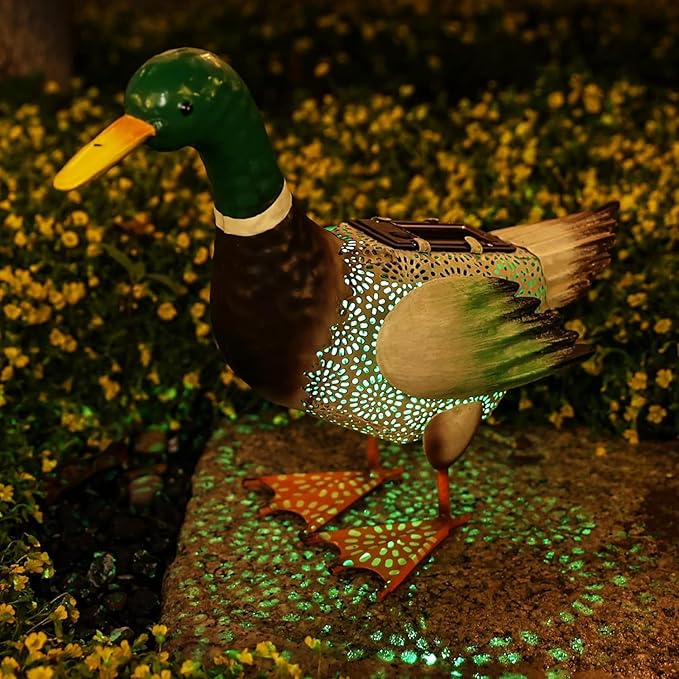 Solar Ducks Outdoor Statue, Hand-Painted Iron Mallard Duck Sculpture, 9.8 x 11.22 Inches Garden Yard Lawn Art Decor for Indoor Outdoor Home Patio Decor Accent