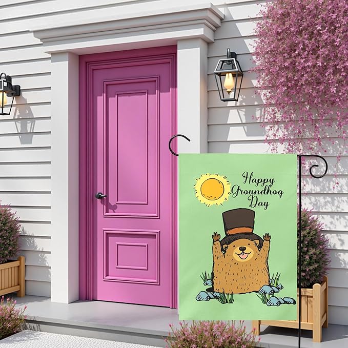 Happy Groundhog Day Garden Flag 12x18 Inch Double Sided Cute Groundhog with Top Hat and Sunshine Design Spring Outdoor Yard Flags Funny Holiday Porch Lawn Durable Banner for Home Garden Décor